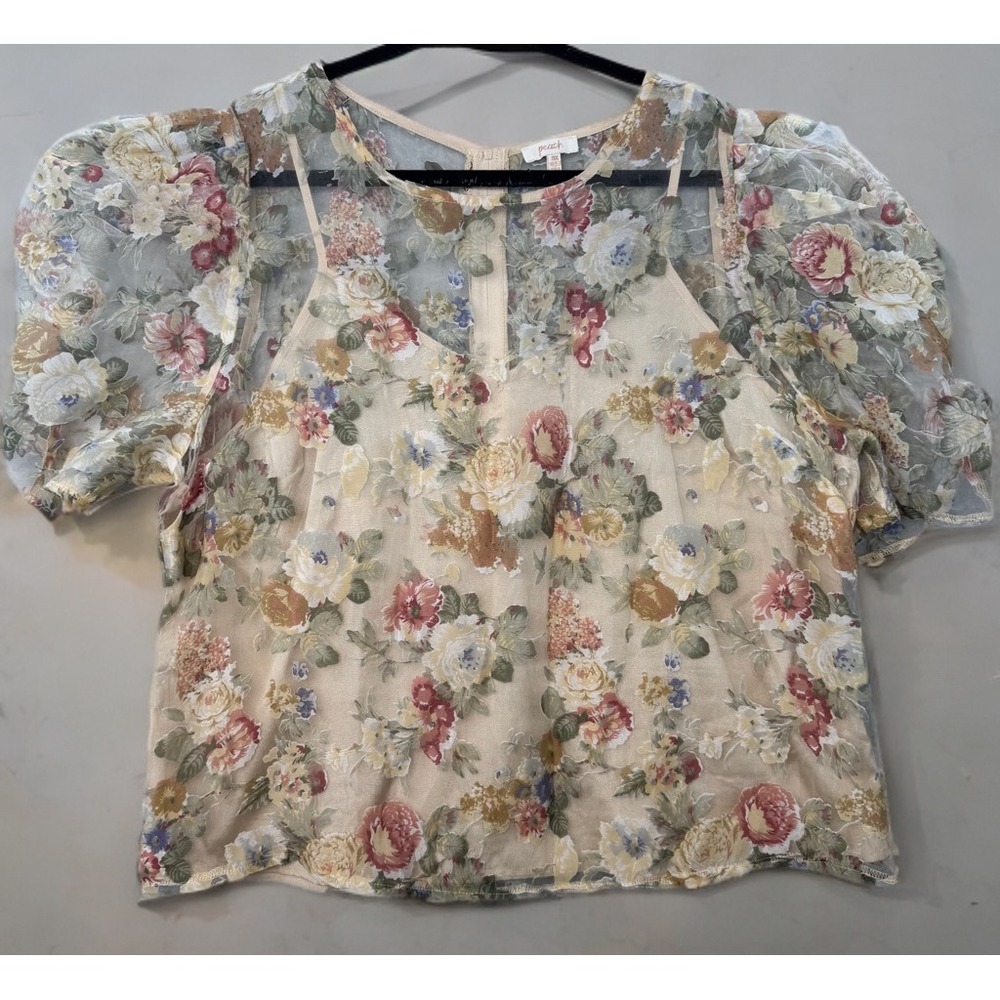 Peach Semi-sheer Floral Top Chiffon Zip Up Multicolored-3X
